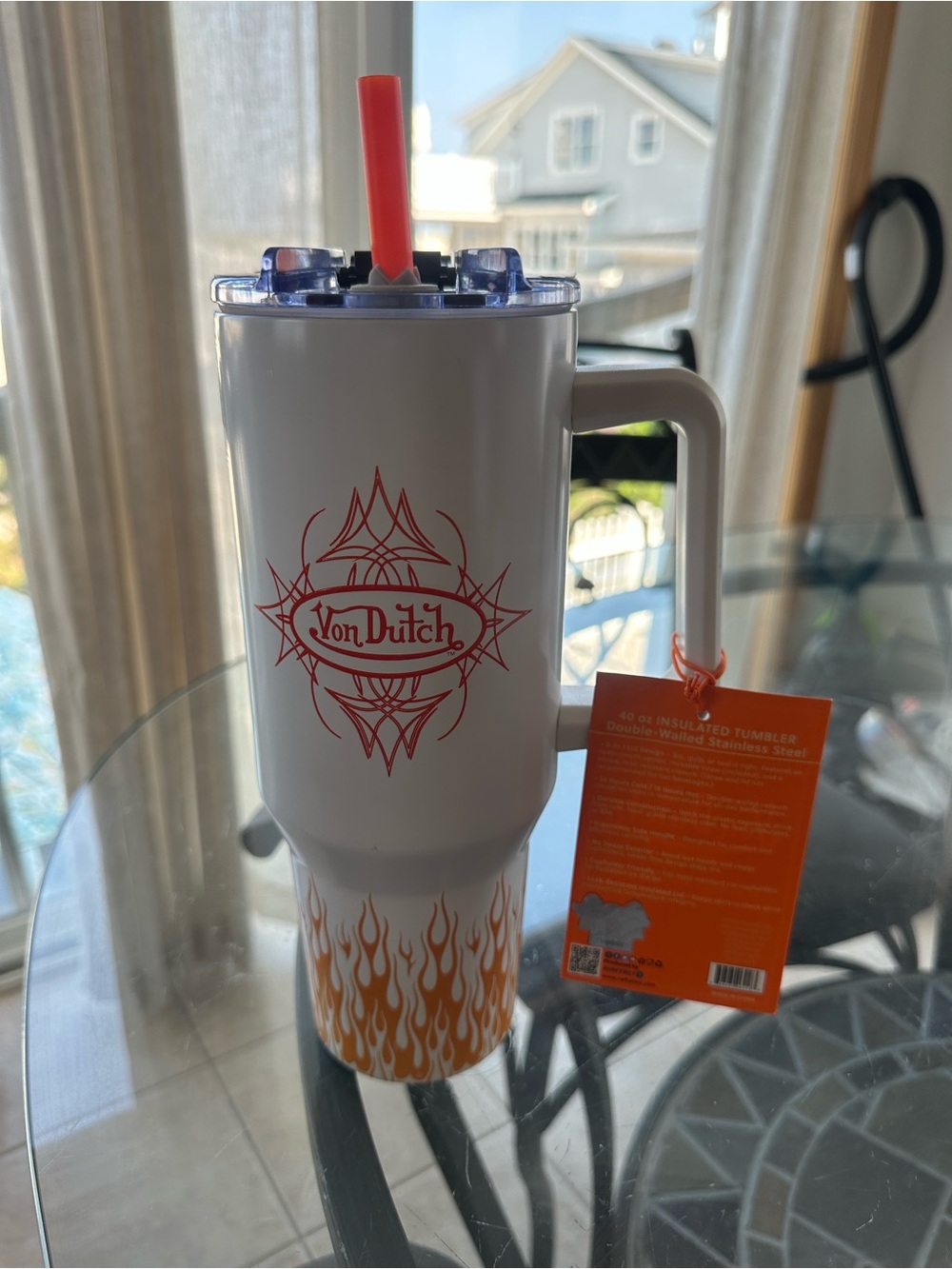 Von Dutch White Travel Mug with Orange Flame Accents